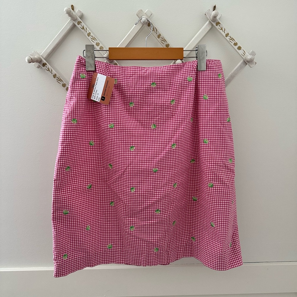 Talbots Pink Gingham Embroidered Lime Skirt - Size 12 🍋‍🟩